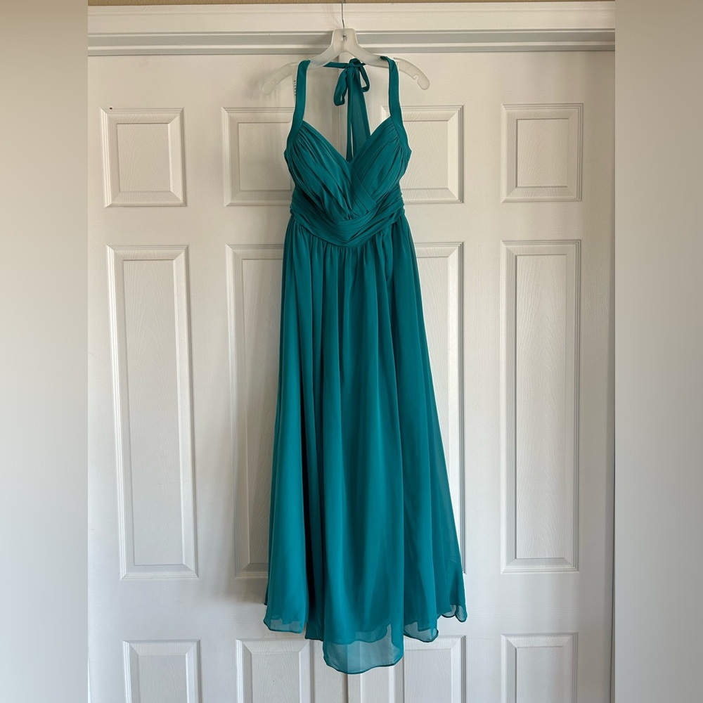 Azazie Veronica Dress. Halter, long, empire waist. Jade, size 12